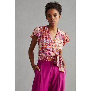 Anthropologie V-Neck Floral Flutter Hem Top - New Large